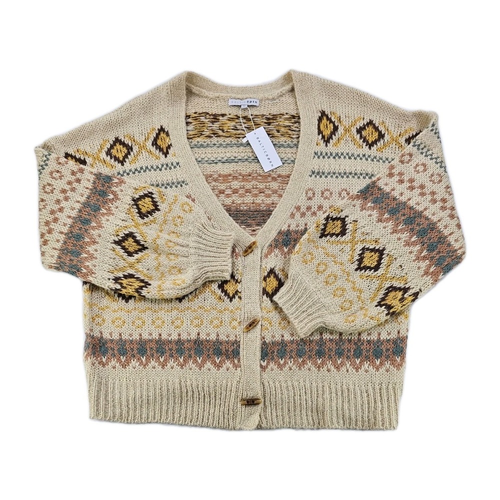 NEW Baltic Born Womens Fair Isle Cardigan L Cream Nordic Sweater Baggy Oversized
